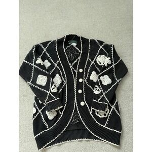 Cullinane Black White Diamond Crochet‎ Cardigan Sweater Women's Medium